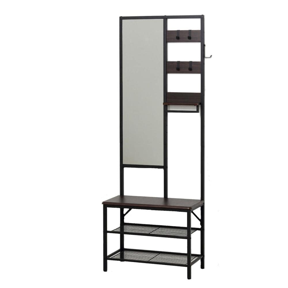 クロシオ　棚付き多機能ハンガーラック　ミラー・ベンチ付　ブラウン