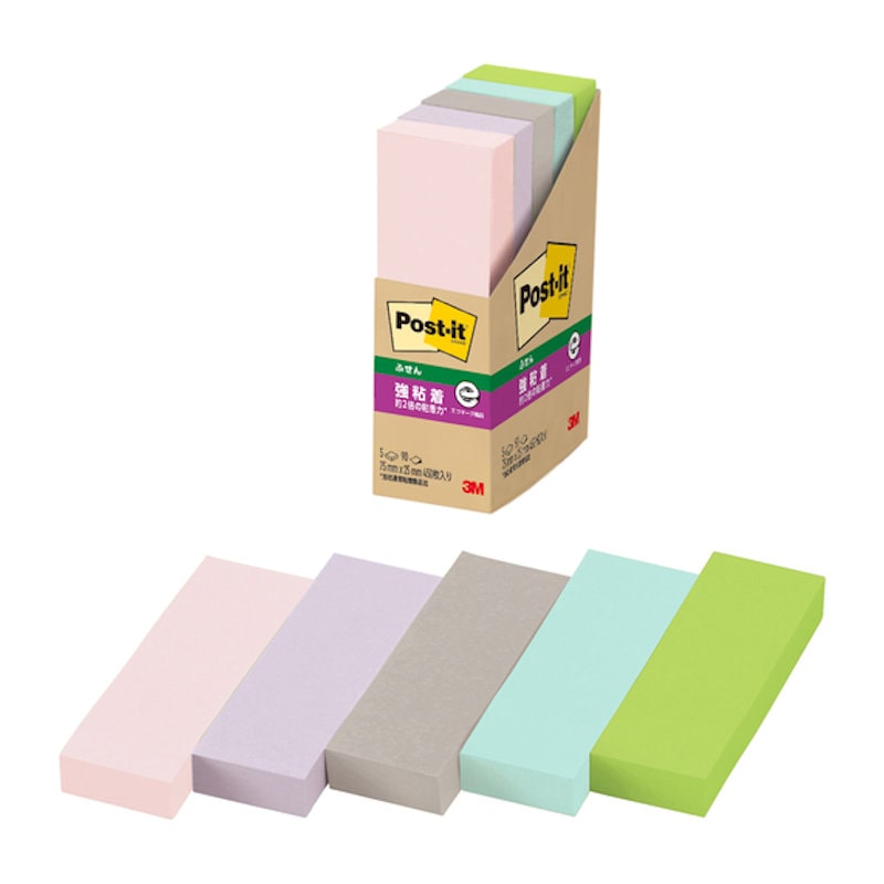 ポストイット　強粘着ノート　再生紙　７５×２５ｍｍ５色