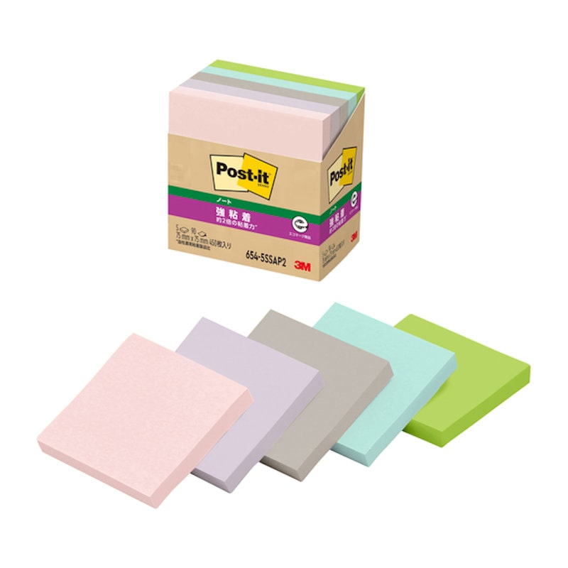ポストイット　強粘着ノート　再生紙　７５×７５ｍｍ５色