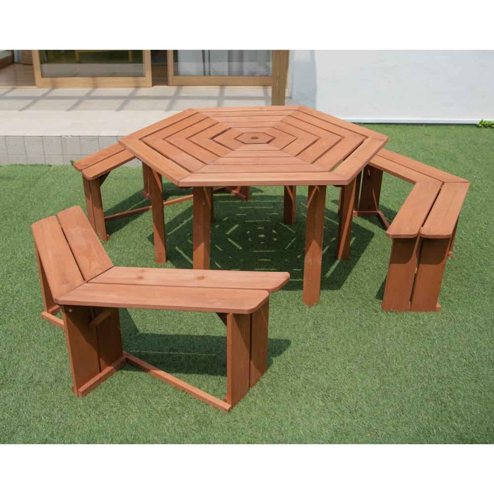 谷村実業　ガーデン六角テーブルセット　ブラウン