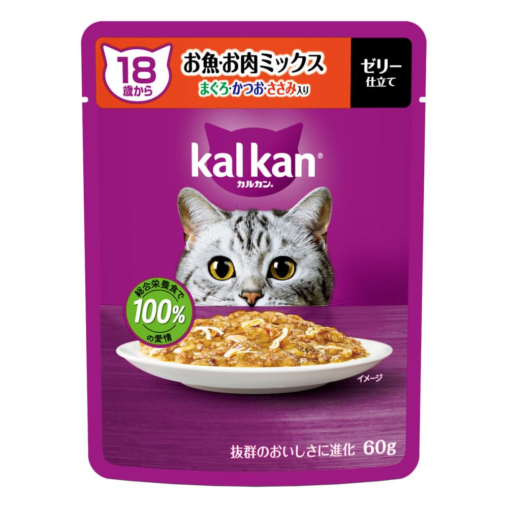 カルカンパウチ　１８歳から　お魚・お肉ミックス　まぐろ・かつお・ささみ入り　６０ｇ