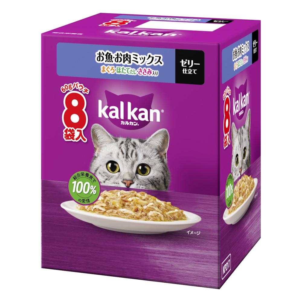 カルカンパウチ　お魚・お肉ミックス　まぐろ・ほたてだし・ささみ入り　６０ｇ×８袋