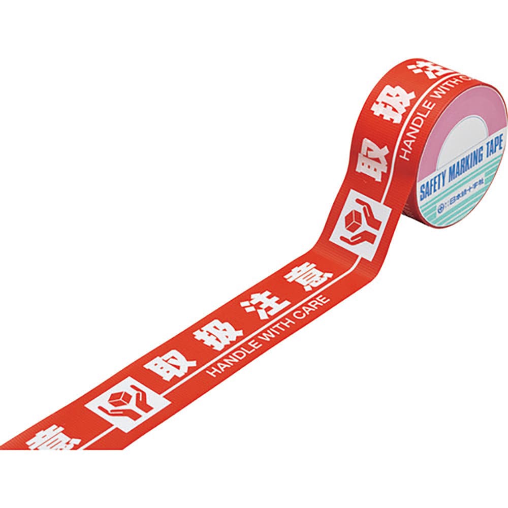 緑十字　標識テープ（粘着剤付）　取扱注意　ＨＫＴ－５　５０ｍｍ幅×１０ｍ　手切り可能タイプ　屋内用＿