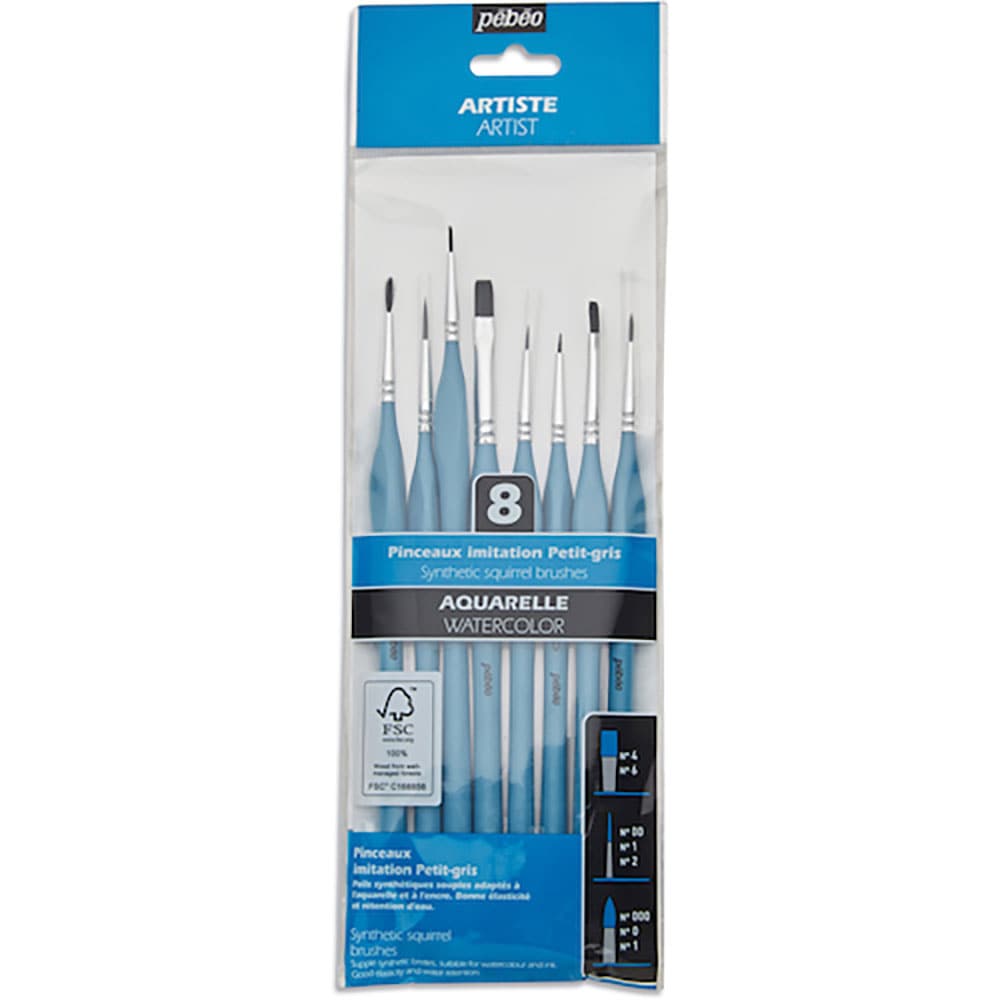 Ｐｅｂｅｏ　水彩・インク・クラフト用　細密画筆　化繊　８本セット（丸０００／０／１、ライナー００／＿