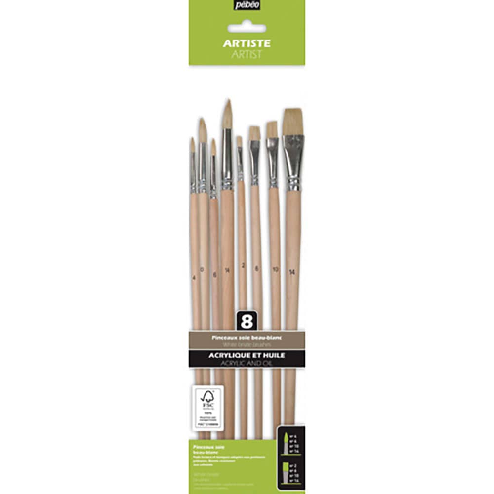 Ｐｅｂｅｏ　油彩用　白豚筆　平・丸筆８本セット（平２／６／１０／１４、丸４／６／１０／１４号）　Ｆ＿
