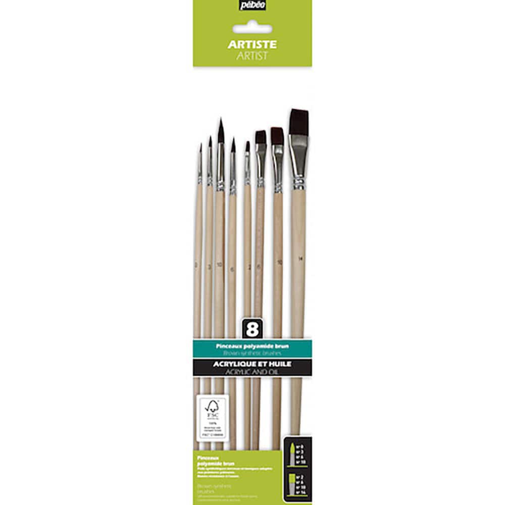 Ｐｅｂｅｏ　厚塗りペイント用　ブラウン化繊・硬毛　筆　平・丸筆８本セット（平２／６／１０／１４、丸＿
