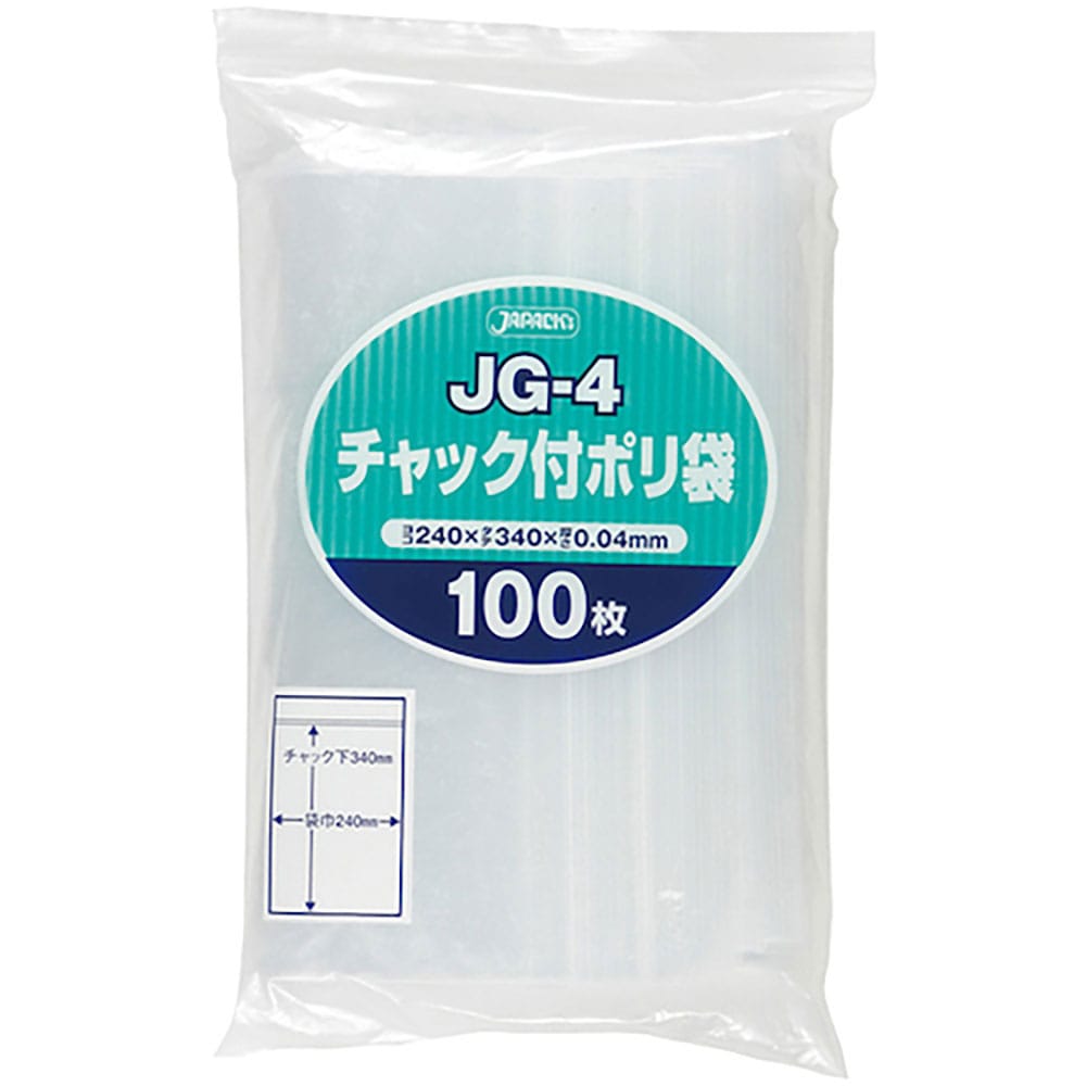 ジャパックス　チャック袋付ポリ袋　ＪＧ－４　１００枚　透明　厚み０．０４ｍｍ　ＪＧ－４＿