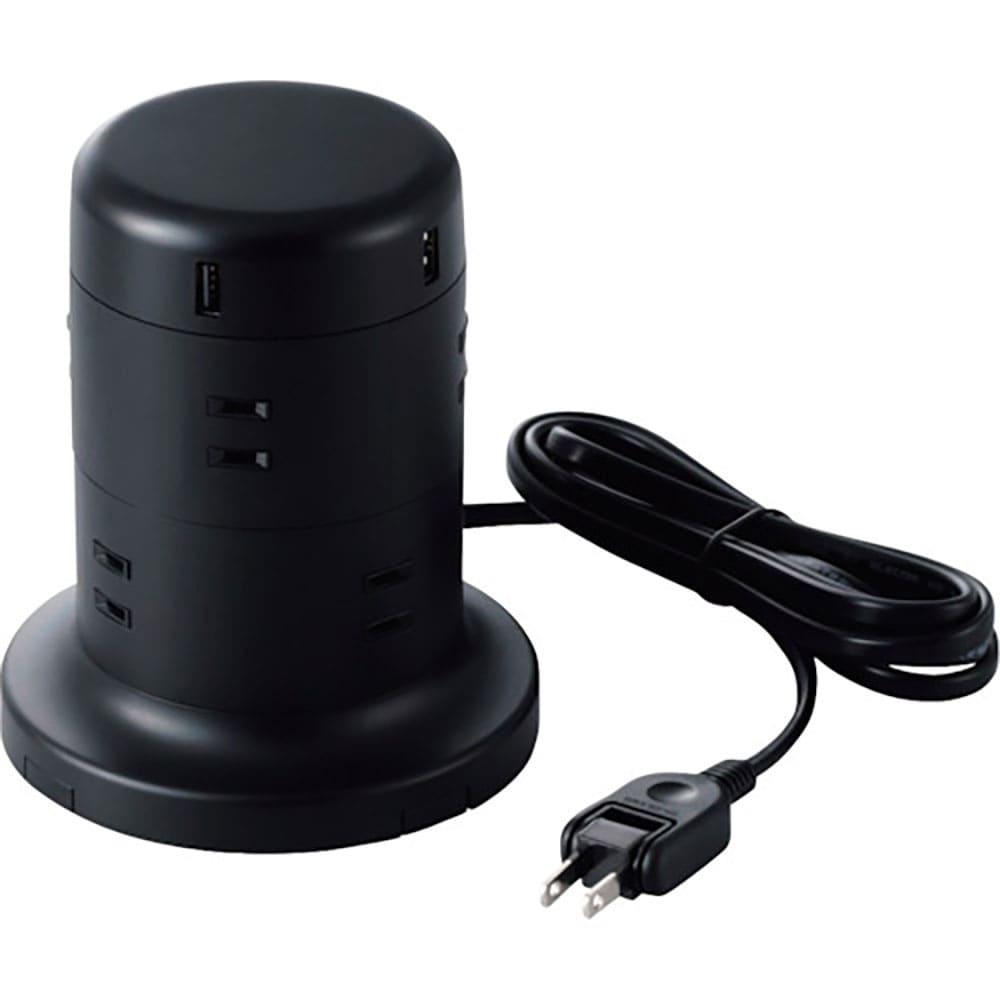 ＥＬＥＣＯＭ　タワー型タップ　８個口　雷サージ付　ホコリ防止シャッター付　固定可能　２．０ｍ　ブラ＿