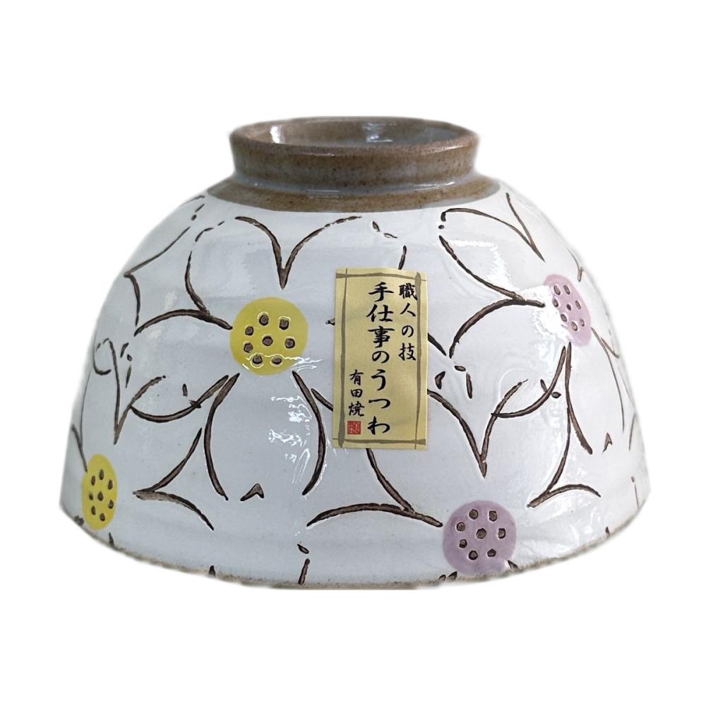 有田焼茶碗　中　粉引花詰　赤