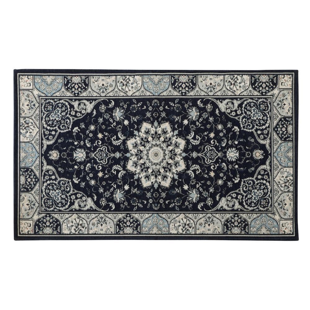 アテーナライフ　ゴブラン玄関マット　メダリオン　ネイビー　１２０×７０ｃｍ