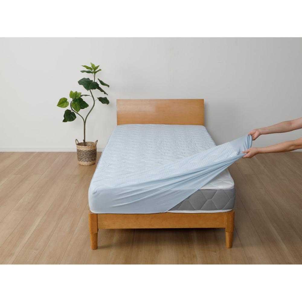 アテーナライフ　涼プラス強冷感　もちもちパッド一体型ＢＯＸシーツ　爽やかプラス　ブルー　シングル　１００×２００×マチ３０ｃｍ