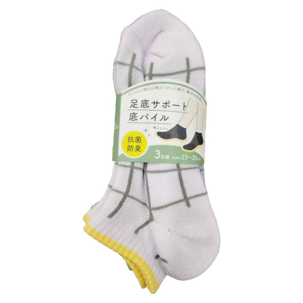 婦人ソックス　底パイル　スニーカー丈　チェック格子　３足組　ＣＡ－６５１