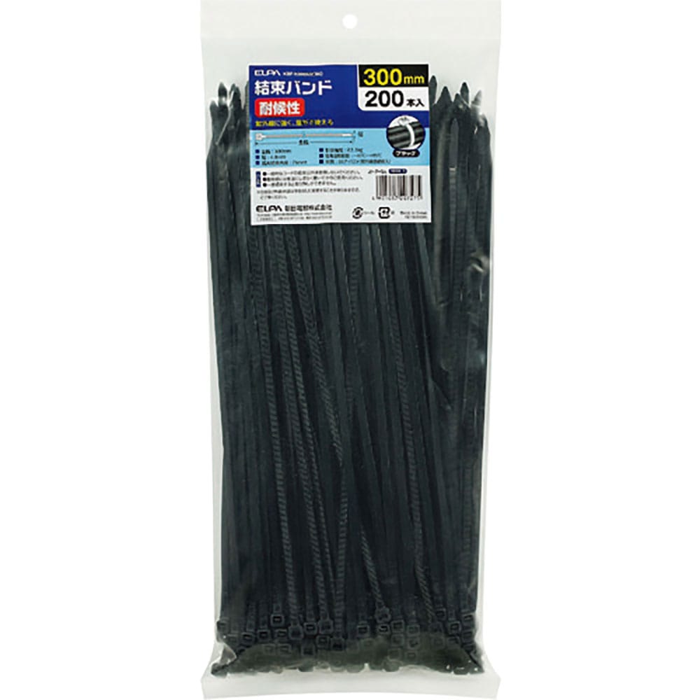 ＥＬＰＡ　ケーブルタイ　結束バンド　４．８×３００ｍｍ　ブラック耐候性（２００本入）　ＫＢＦ－Ｎ３＿