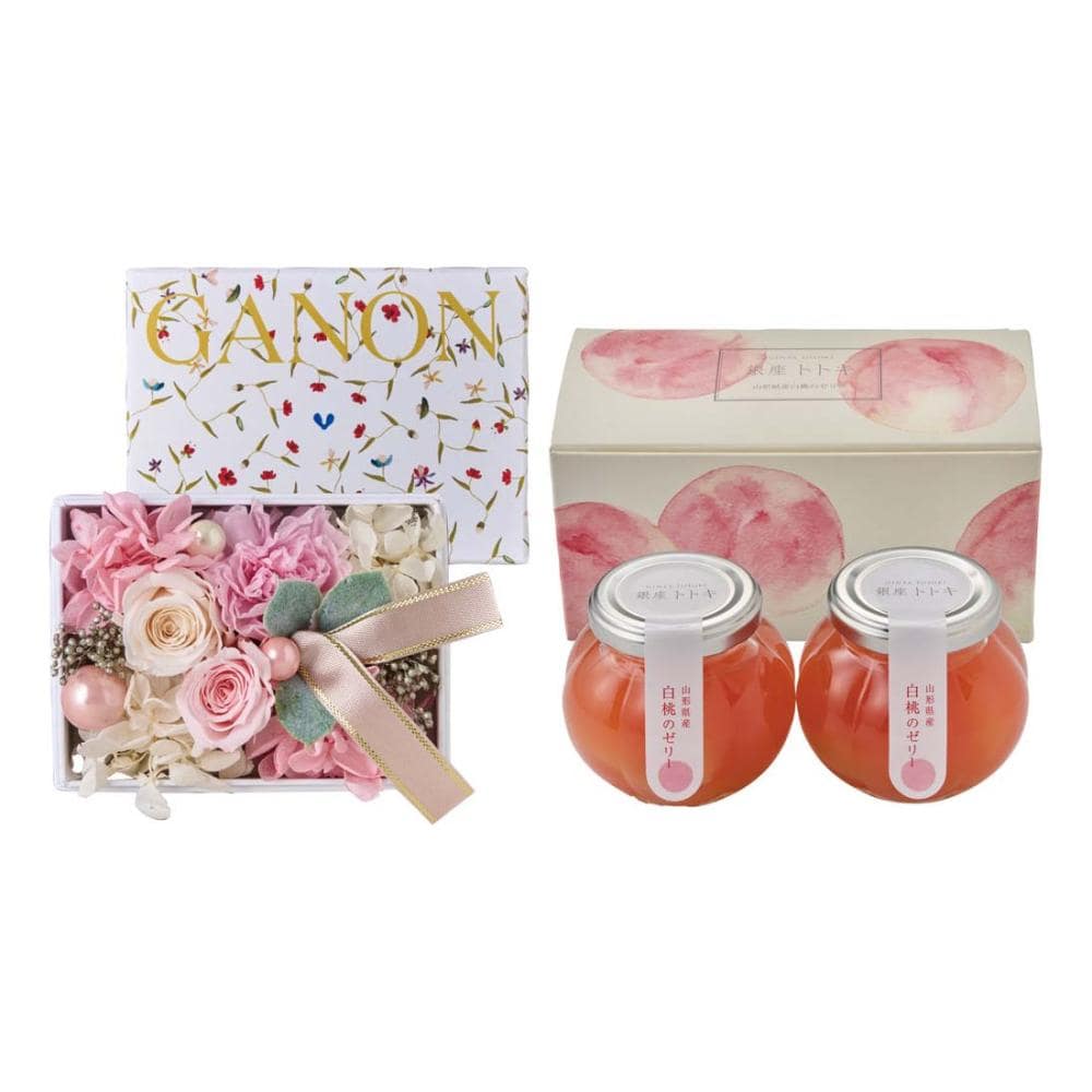 【母の日ギフト】「ＧＡＮＯＮ　ＦＬＯＲＩＳＴ」監修　プリザーブドフラワーと「銀座トトキ」監修　山形県産白桃のゼリーＧＰ２６－ＧＴ【注文期限５月１日】