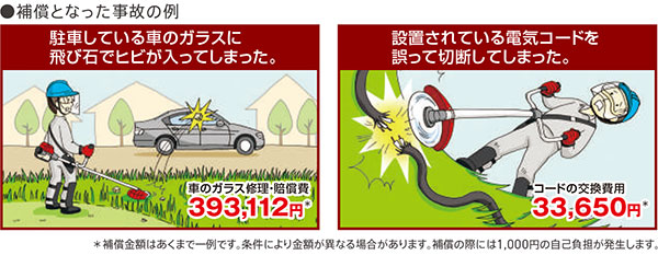 保証となった事故の例　駐車している車のガラスに飛び石でヒビが入ってしまった。　設置されている電気コードを誤った切断してしまった。