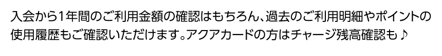 入会から1年間のご利用金額の確認はもちろん、過去のご利用明細やポイントの使用履歴もご確認いただけます。
アクアカードの方はチャージ残高確認も♪