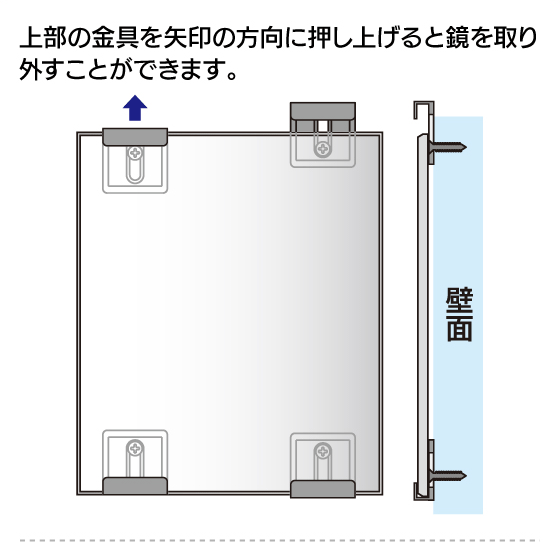 上部の金具を矢印の方向に押し上げると鏡を取り外すことができます。