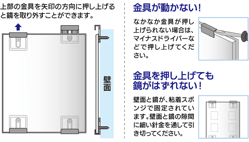 上部の金具を矢印の方向に押し上げると鏡を取り外すことができます。