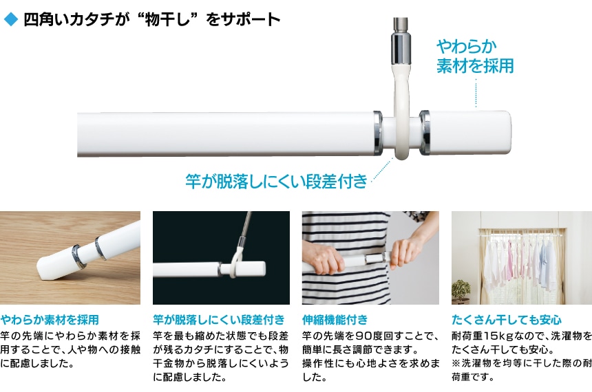四角いカタチが“物干し”をサポート