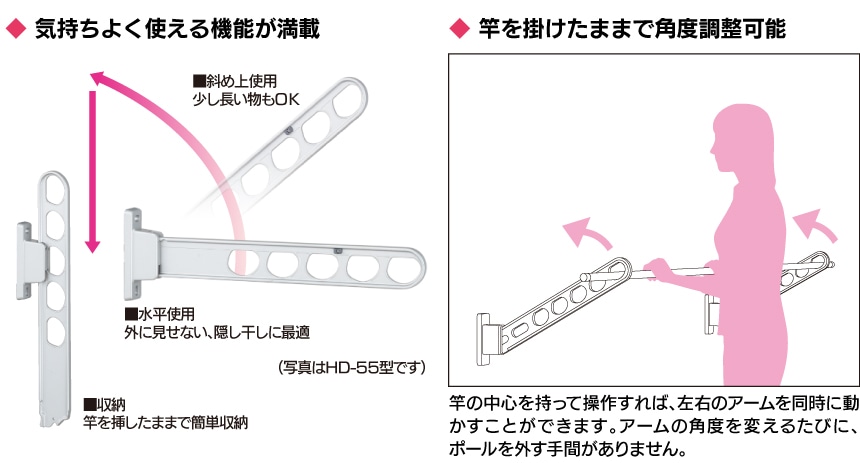 気持ちよく使える機能が満載、竿を掛けたままで角度調整可能