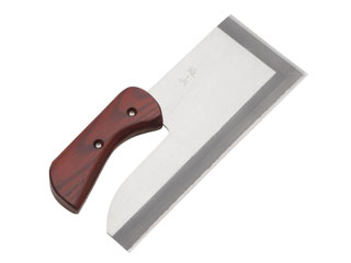 ステンレス　めん切り包丁　雄山　３０cm　栓（セン）ワイン色曲柄　木サヤ付き