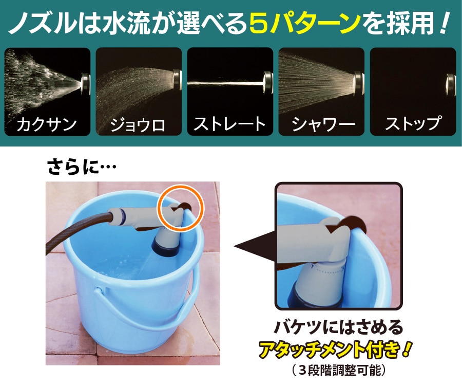 ノズルは水流が選べる5パターンを採用！