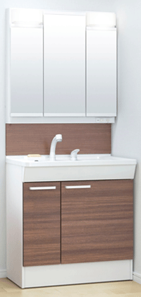 TOTO KCシリーズ 750㎜　扉・ルースダルブラウン バックパネル・プラナスブラウンウッド ミラー・三面鏡 洗面台・引出タイプ